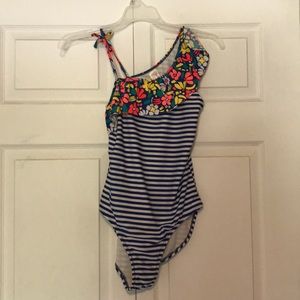 cute blue and white striped kid one piece swimsuit
